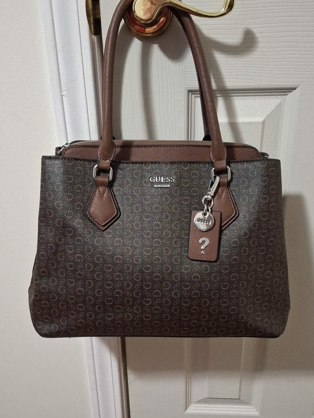 GUESS Brown Monogram Satchel with Charm Accent